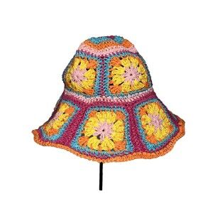 Multi-Color Crochet Woven Floral Sun Hat Wide Brims Folds Hippie Straw Women